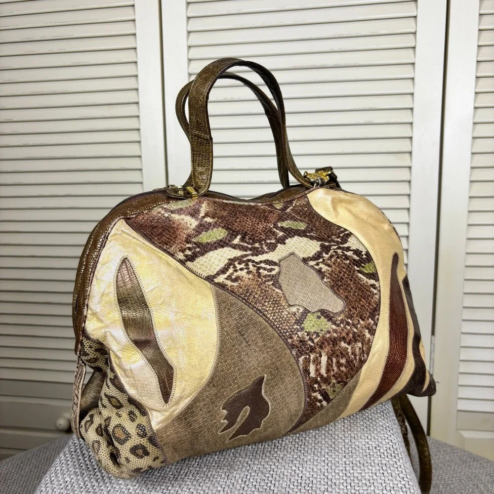 Sharif 90s Vintage Bronze Mixed Animal Patchwork Leather Satchel Bag Statement